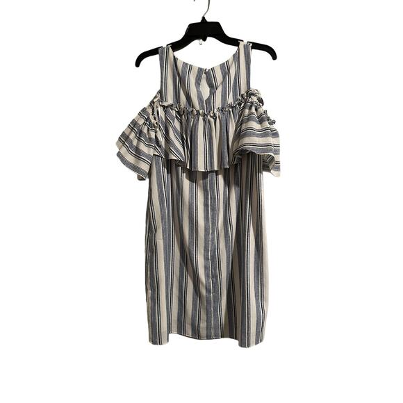 Gianni Bini Women's Medium Blue White Striped Off Shoulder Ruffle Mini Dress - Picture 7 of 13